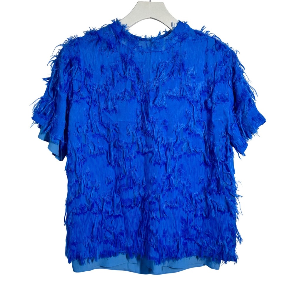Carven Electric Cobalt Blue Fringe Textured Short Sleeve Top Blouse EU36 US S